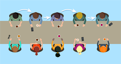 table with people sitting across from each other talking